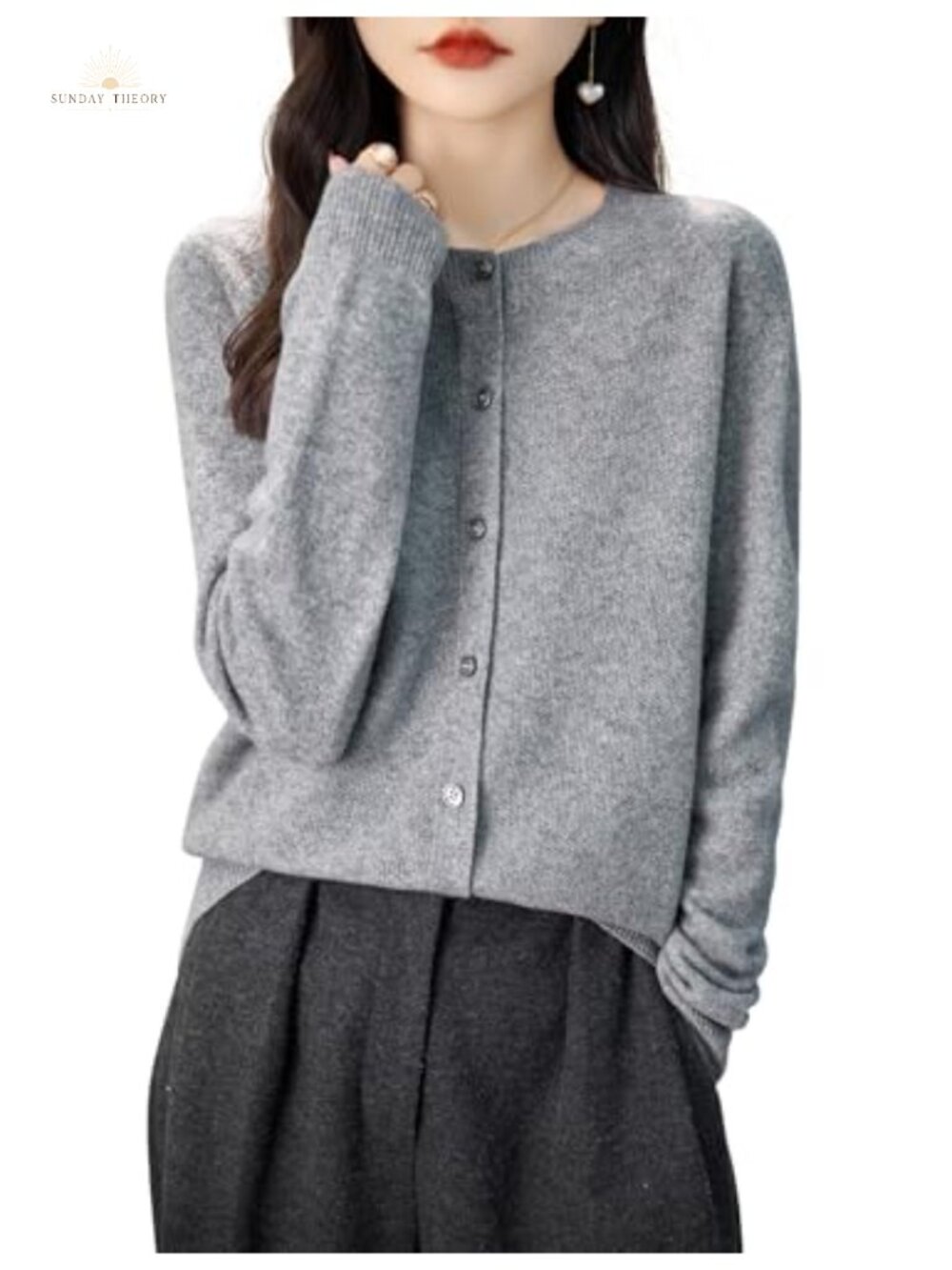Merino Wool Cardigan Sweater Crewneck Long Sleeve Seamless Knit